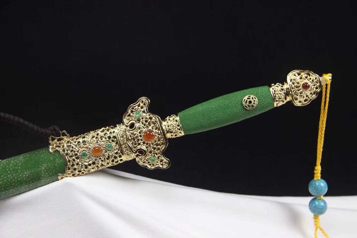 Longquan sword,Folded steel,Green skin scabbard,Brass fitting,Full tang - Chinese sword shop