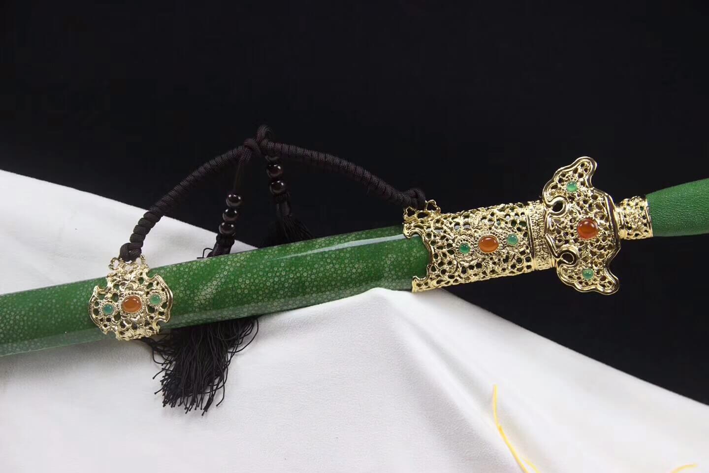 Longquan sword,Folded steel,Green skin scabbard,Brass fitting,Full tang - Chinese sword shop
