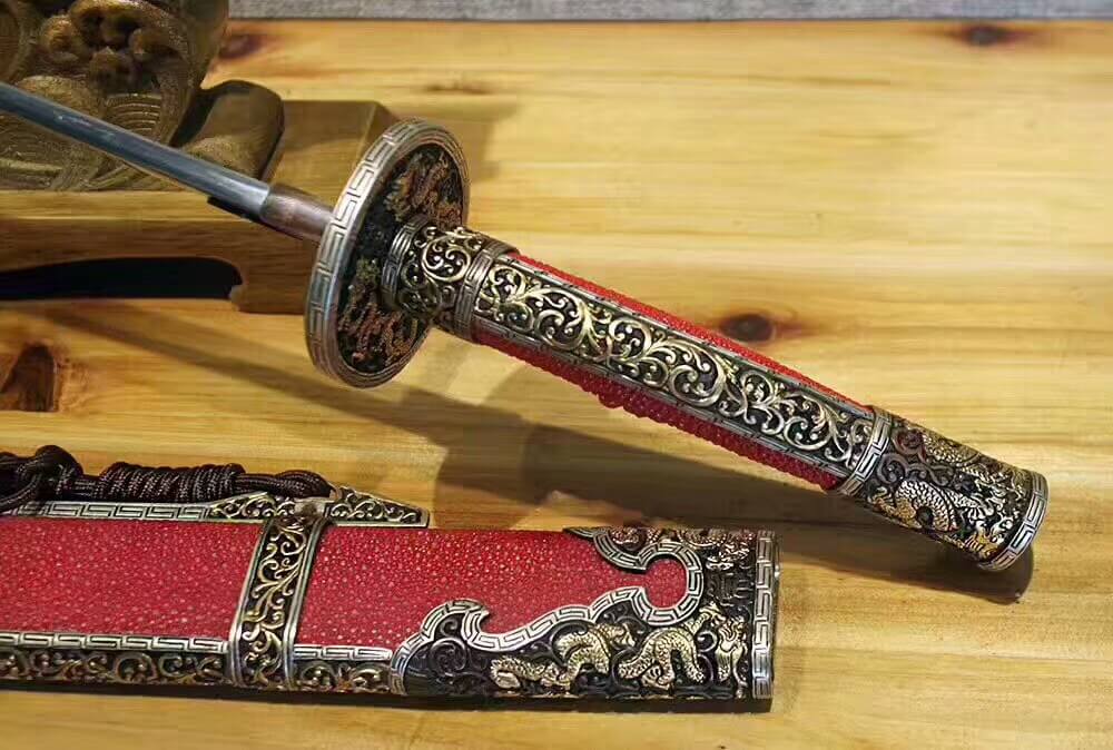 Broadsword,Damascus steel burn blade,Red skin scabbard,Brass fitting - Chinese sword shop