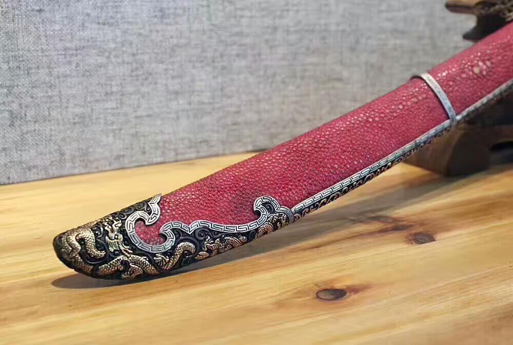 Broadsword,Damascus steel burn blade,Red skin scabbard,Brass fitting - Chinese sword shop