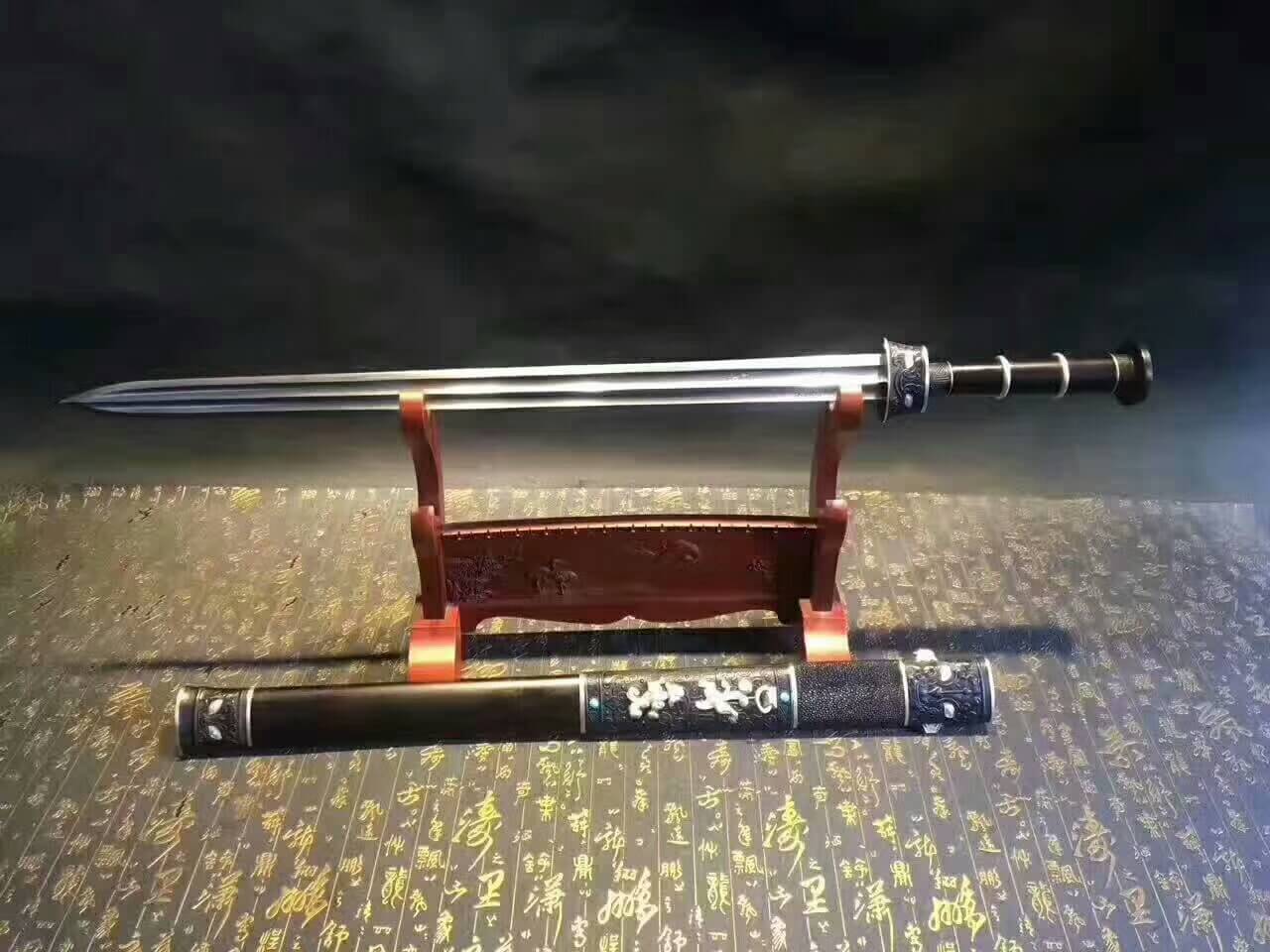 Longhu war sword(Damascus steel bade,Ebony scabbard,Brass fittings)Length 31" - Chinese sword shop