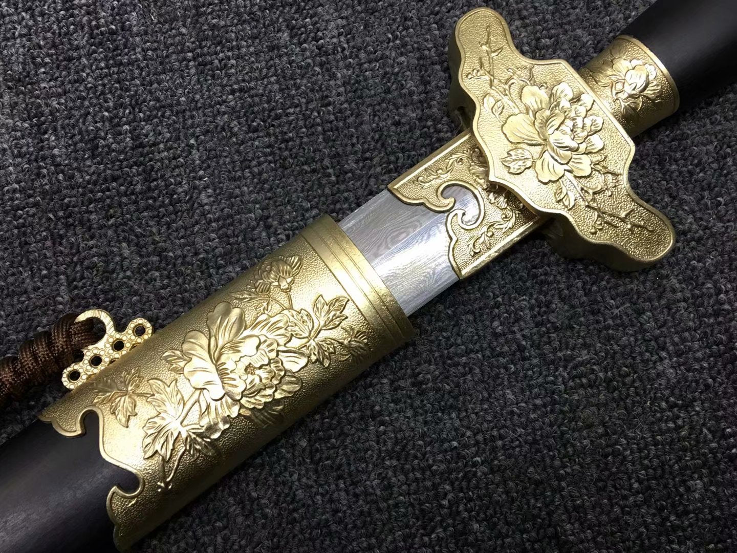 Peony sword,Handmade Damascus steel blade,Brass,Black wood,Full tang - Chinese sword shop