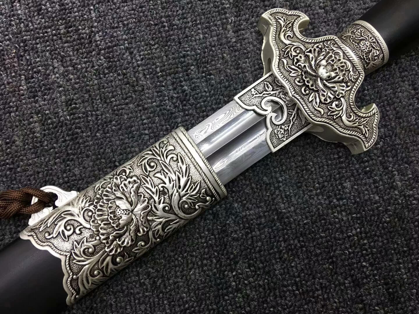 Peony sword(Damascus steel blade,Black wood,Alloy)Hand Forged - Chinese sword shop