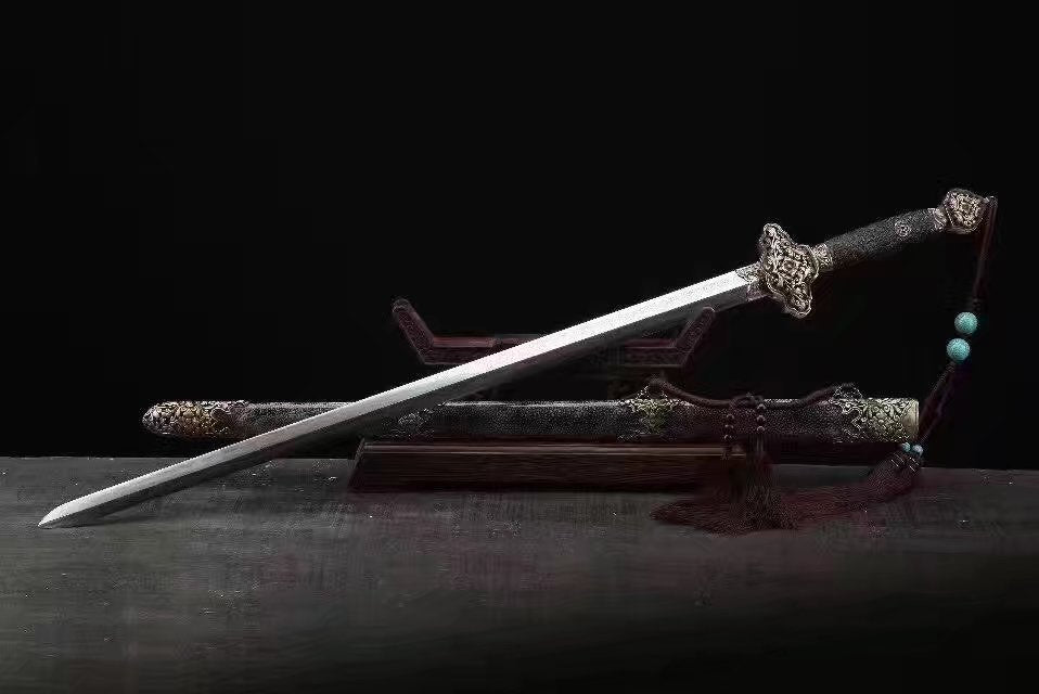 Peony sword,Folded steel,Black Skin scabbard,Brass fittings,Length 40 inch - Chinese sword shop