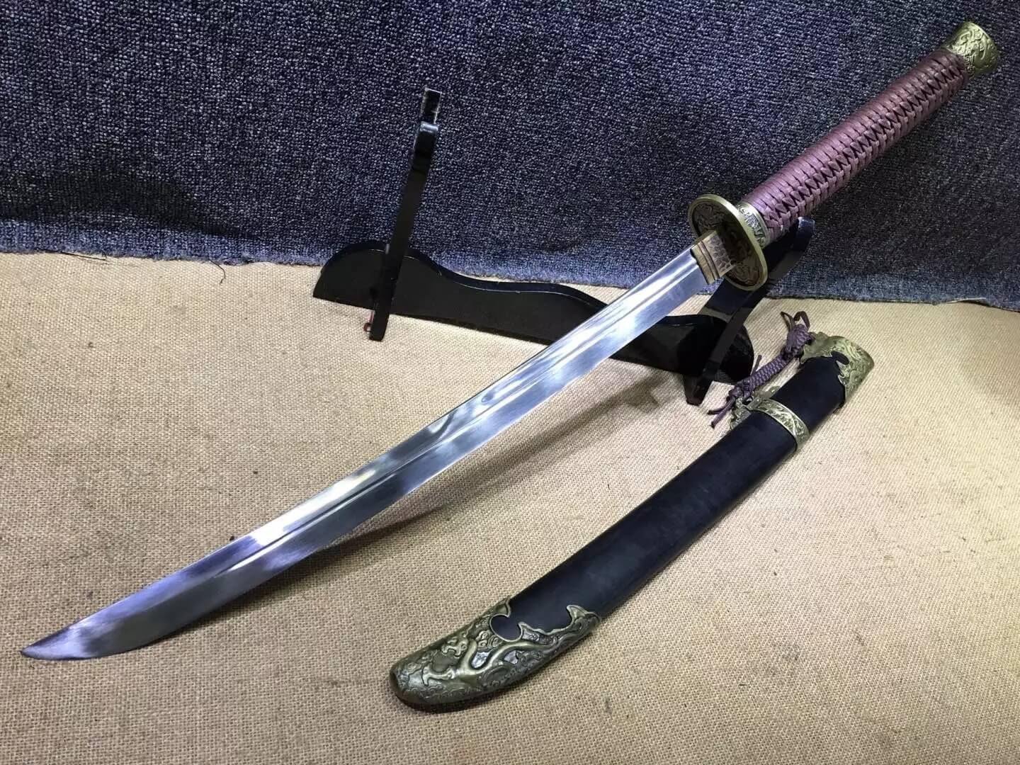 Broadsword,Damascus steel blade,Black scabbard,Alloy fitting&Handmade art - Chinese sword shop
