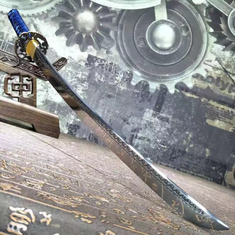 Katana,High manganese steel surface etched pattern,Blue scabbard,Full tang,Length 29 inch - Chinese sword shop