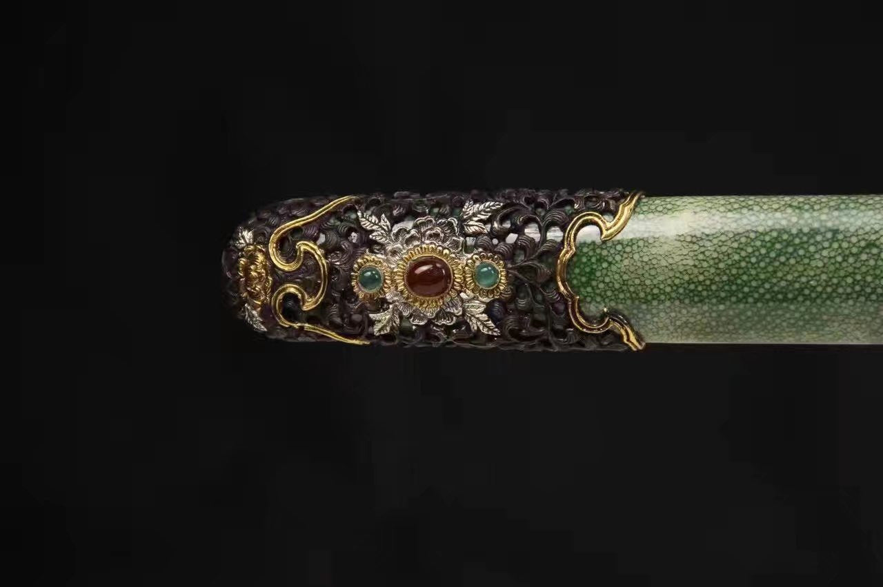 Chinese sword,Damascus steel blade,Skin scabbard,Brass fitting,Full tang&Handmade art - Chinese sword shop