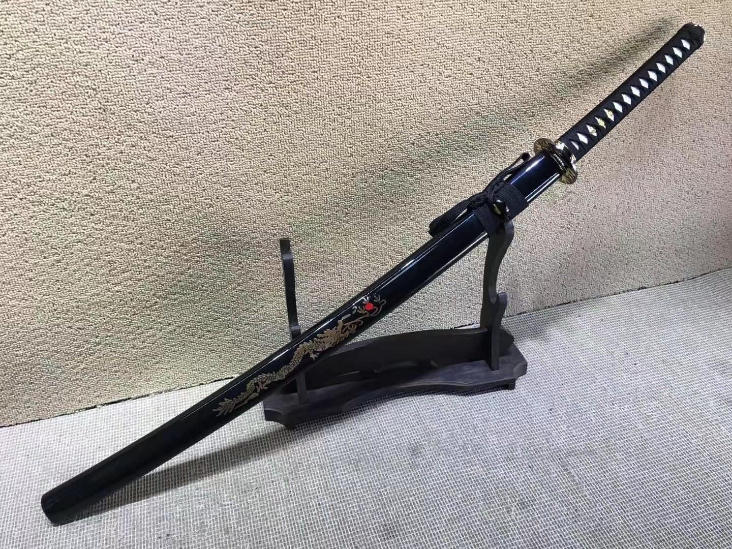 Katana,Medium carbon steel,Black scabbard,Bamboo Tsuba,Full tang - Chinese sword shop