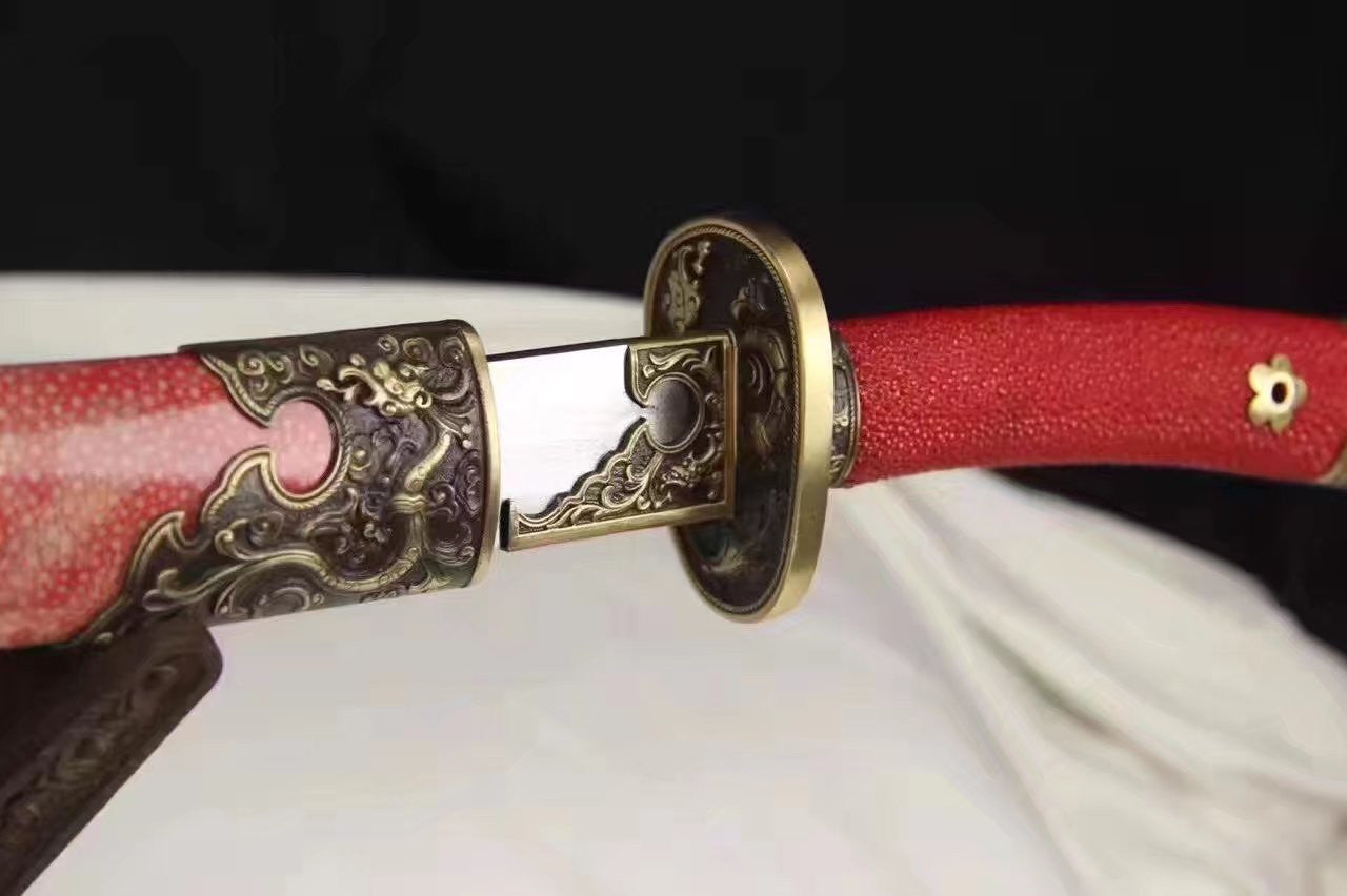 Broadsword sword,Folded steel,Red skinscabbard,Copper fitting&handmade art - Chinese sword shop
