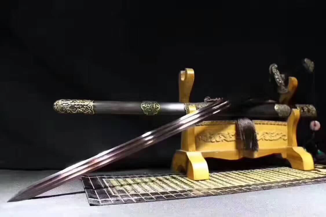 Qianlong sword,Damascus steel blue blade,Brass fittings,Black wood scabbard - Chinese sword shop