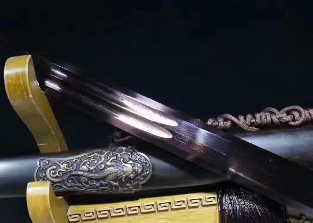 Qianlong sword,Damascus steel blue blade,Brass fittings,Black wood scabbard - Chinese sword shop