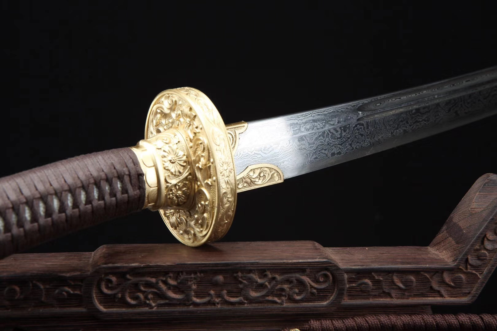 Qing dao sword,Damascus steel blade,MAHOGANY scabbard,Brass - Chinese sword shop