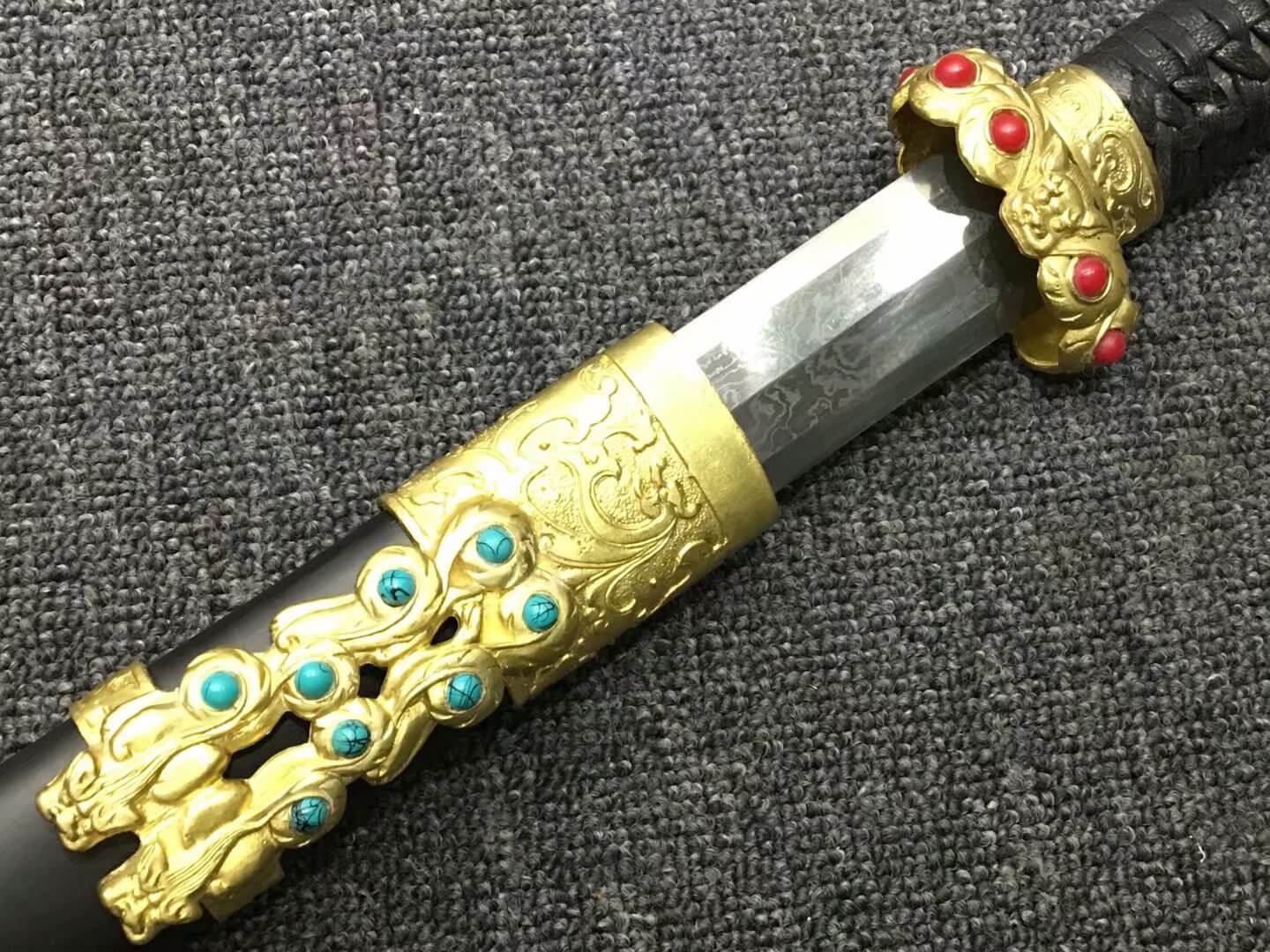 Qin jian,Hand Forged,Damascus steel blade,Black wood,Brass - Chinese sword shop