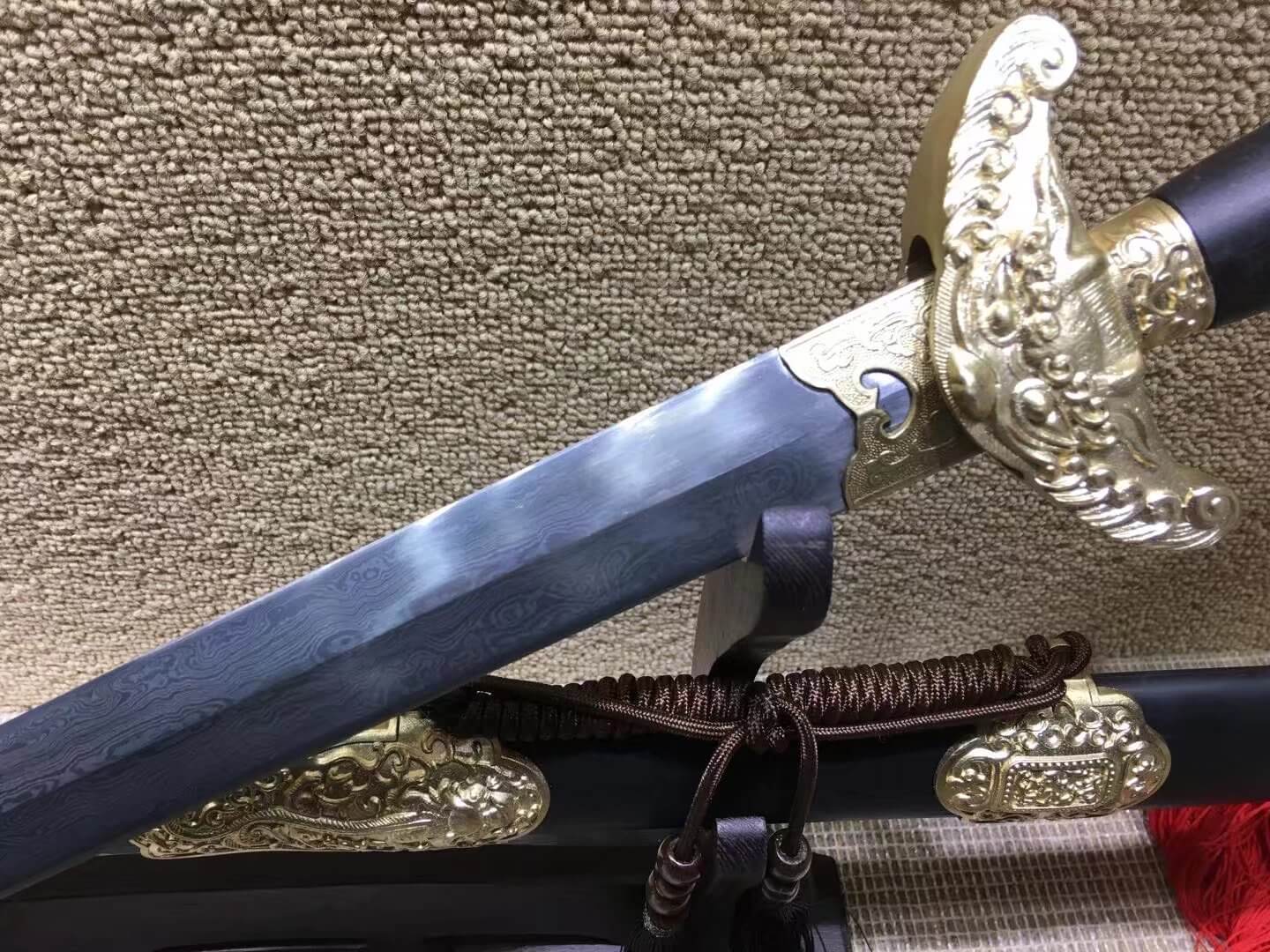 Qianlong jian,Damascus steel blade,Black scabbard,Brass fittings - Chinese sword shop