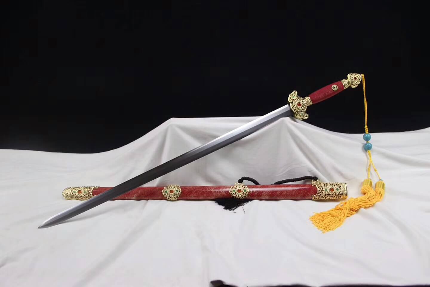 Longquan sword,Folded steel,Red skin scabbard,Brass fitting,Full tang - Chinese sword shop