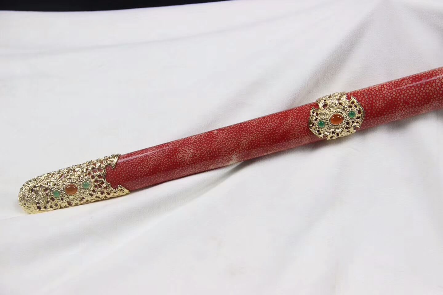 Longquan sword,Folded steel,Red skin scabbard,Brass fitting,Full tang - Chinese sword shop