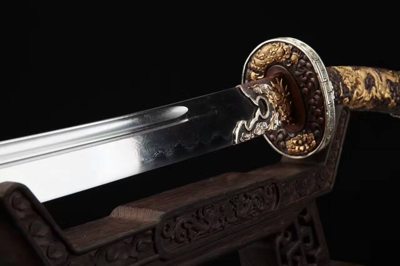 Loong broadsword,Damascus steel blade,Red skin scabbard,Brass fittings - Chinese sword shop