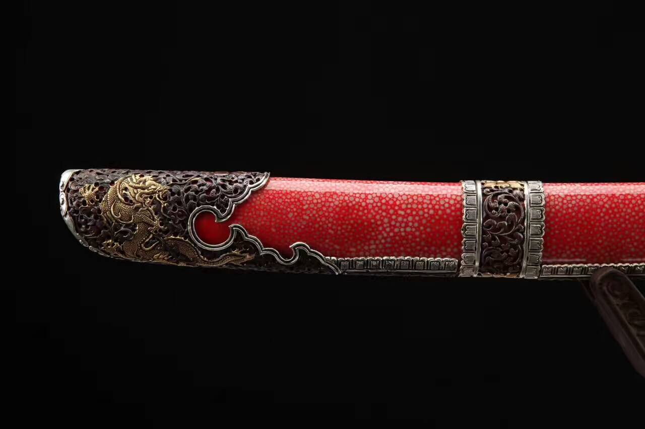 Loong broadsword,Damascus steel blade,Red skin scabbard,Brass fittings - Chinese sword shop