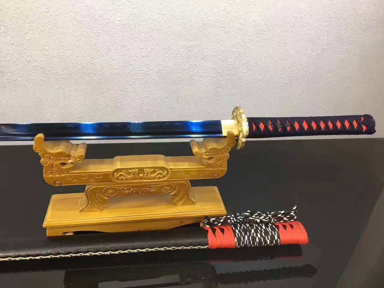 Ninja sword,High manganese steel blue blade,Leather scabbard - Chinese sword shop