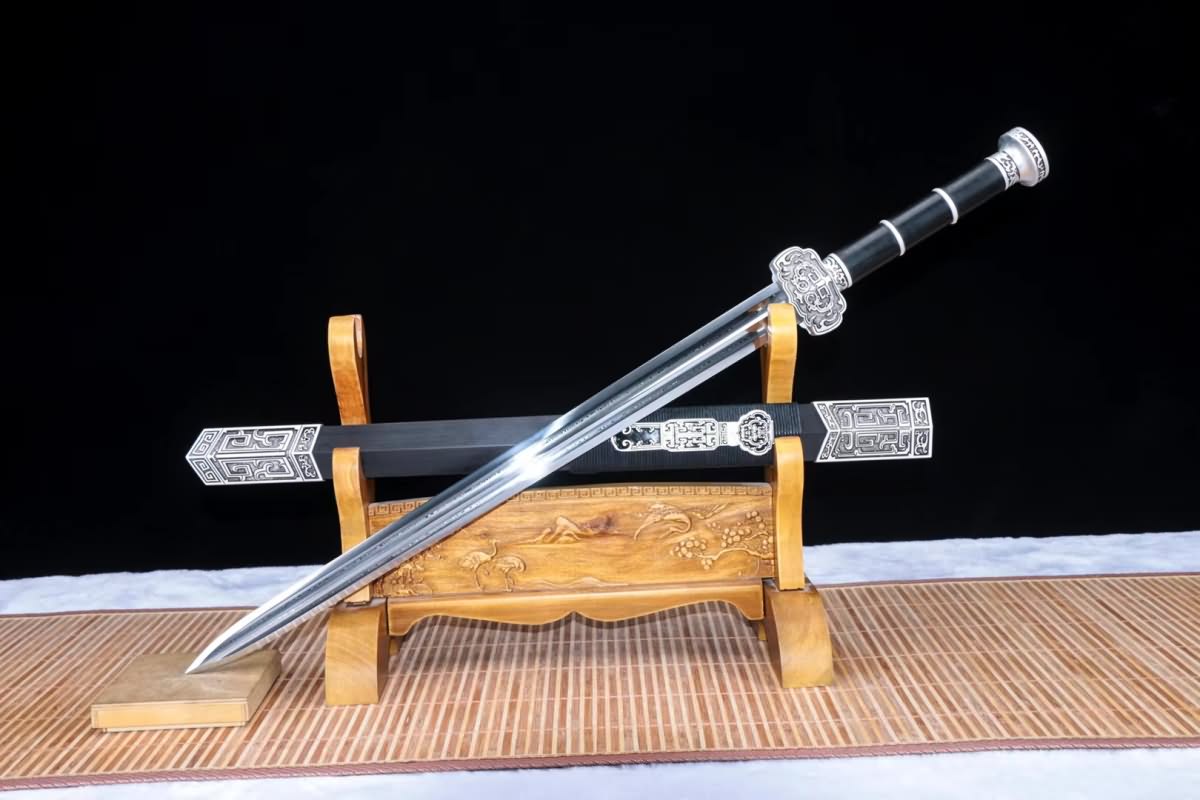 Ruyi jian sword Damascus steel blade Ebony scabbard Alloy fittings