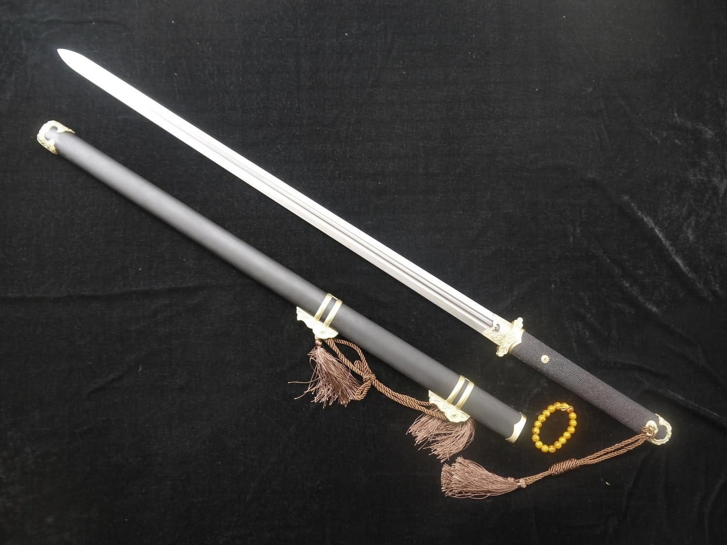 Tang sword,Folded steel,Black scabbard,skin hilt,Copper fitting,Length 39 inch - Chinese sword shop