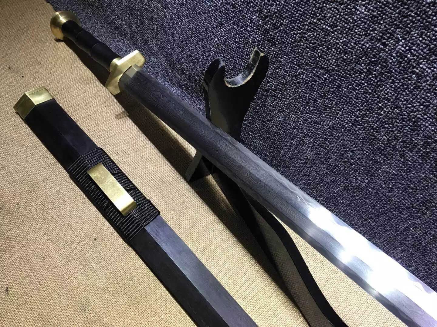 Loong sword,Han jian,Damascus steel blade,Black scabbard,Brass,Length 38" - Chinese sword shop