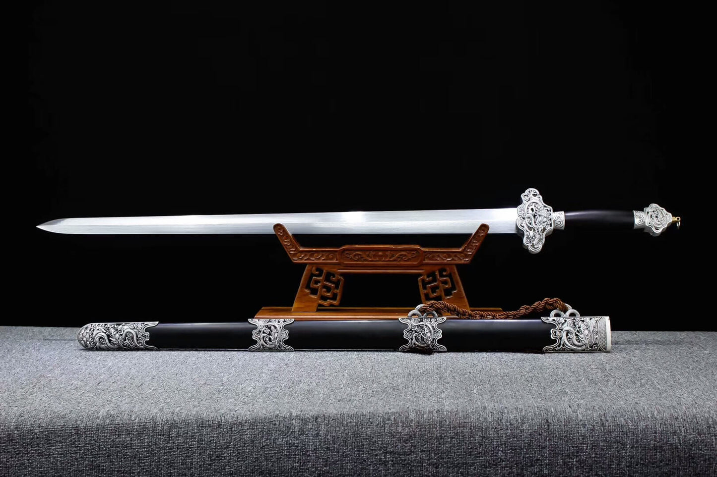 Yunlong jian,Folding pattern steel blade,Alloy fitting,Black scabbard - Chinese sword shop