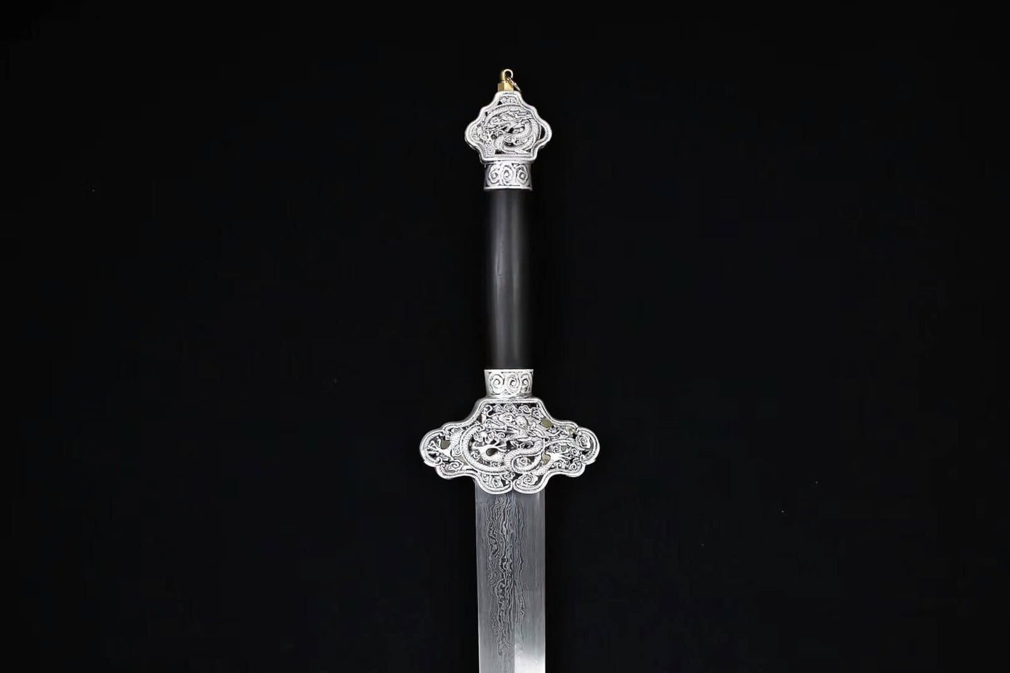 Yunlong jian,Folding pattern steel blade,Alloy fitting,Black scabbard - Chinese sword shop