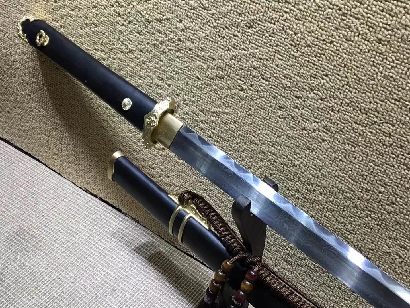 Tang dao,Damascus steel burn blade,Brass fittings,Black scabbard - Chinese sword shop