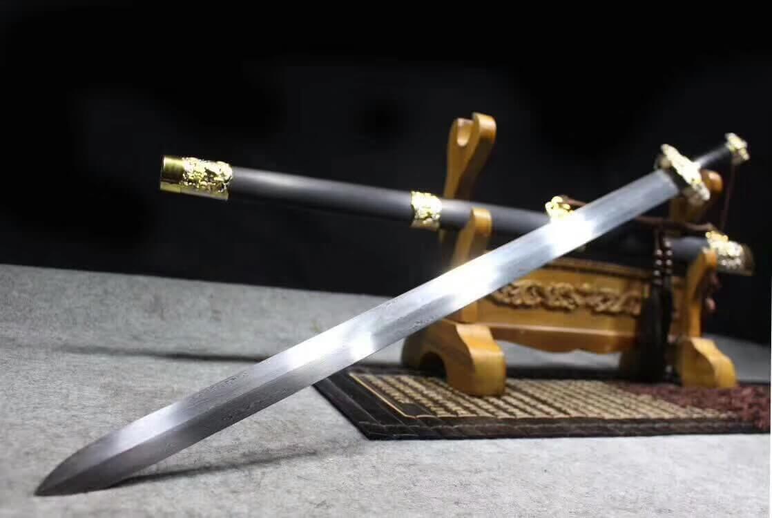 Lion sword,Folding pattern steel blade,Alloy fitting,Black scabbard - Chinese sword shop