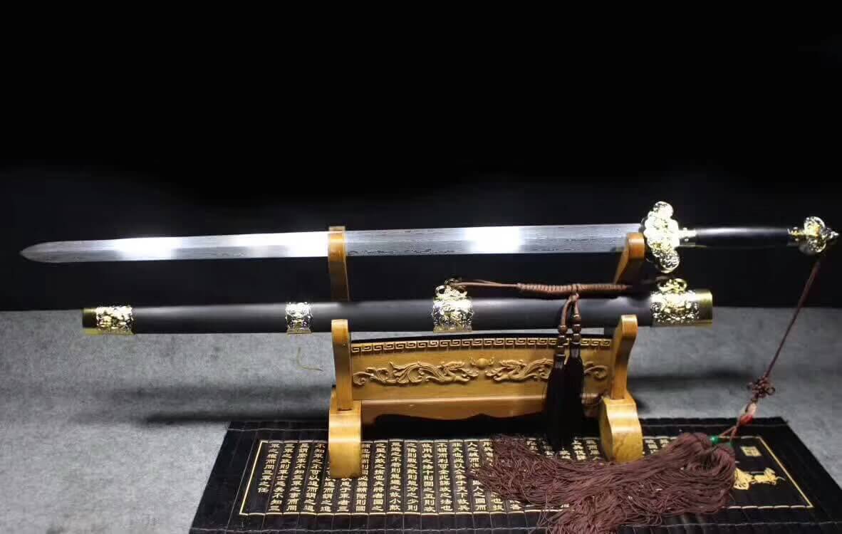Lion sword,Folding pattern steel blade,Alloy fitting,Black scabbard - Chinese sword shop