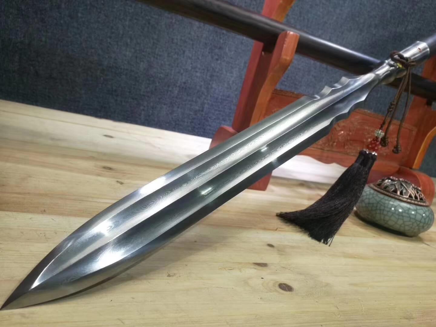 Spear,China lance,Damascus steel Spearhead,Ebony rod - Chinese sword shop