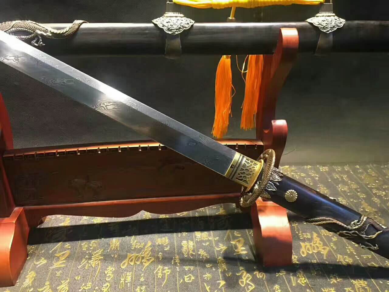 Tang dao(Damascus steel bade,Ebony scabbard,Brass fittings)Full tang,Length 45" - Chinese sword shop