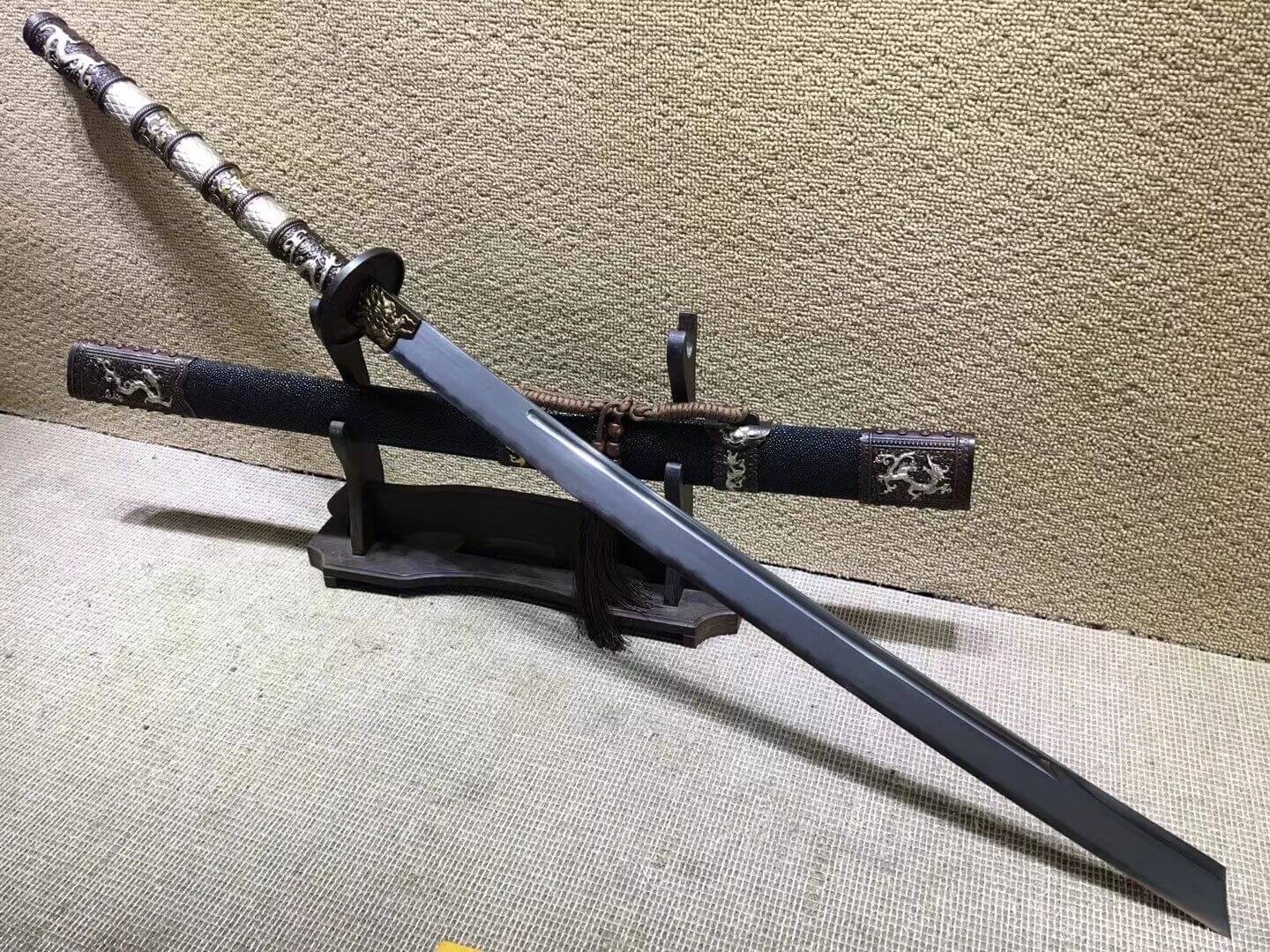 Kangxi sword,Damascus steel burn blade,Brass fittings,Black skin scabbard - Chinese sword shop