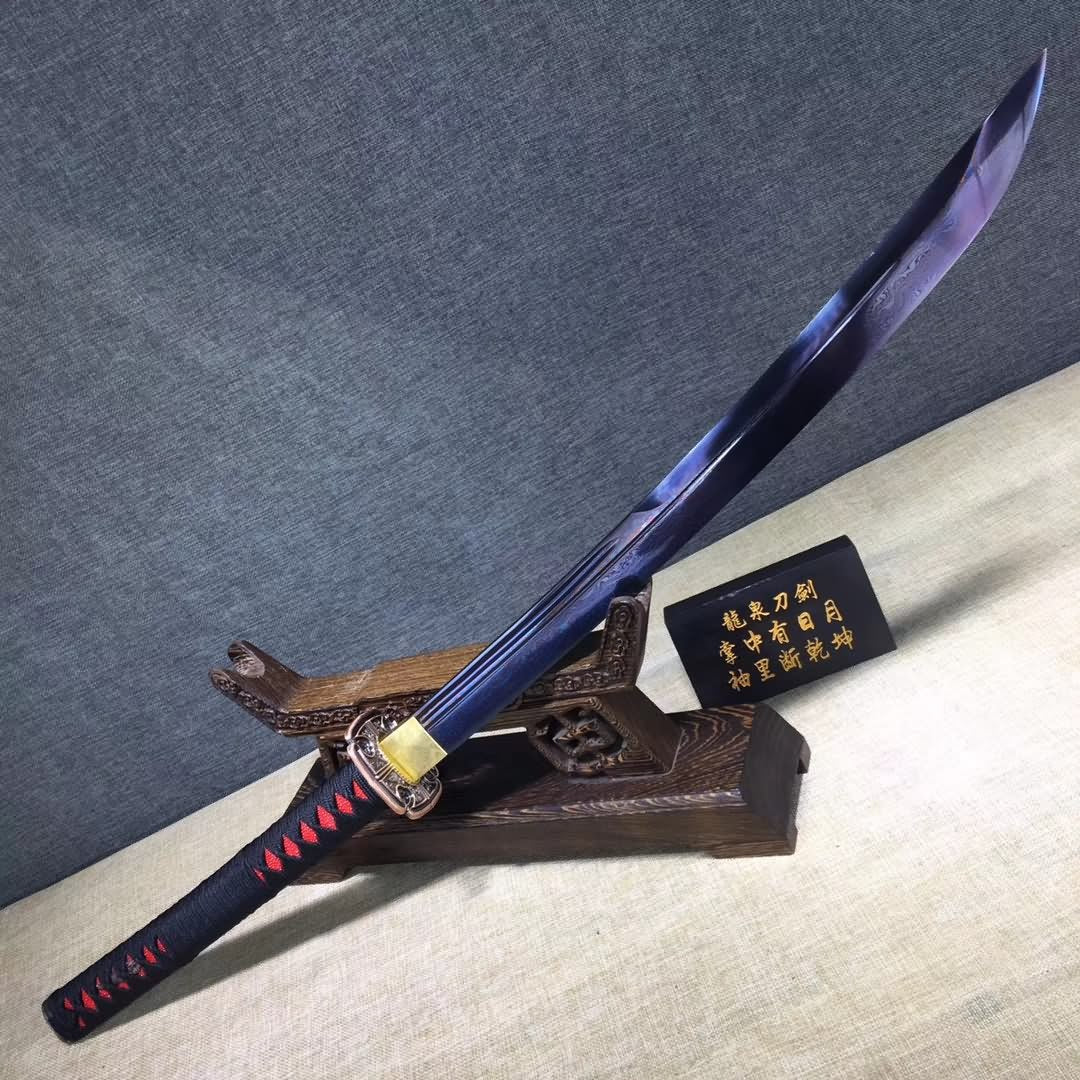 Samurai sword,Folding steel blue blade,Leather scabbard,Alloy Tosogu - Chinese sword shop