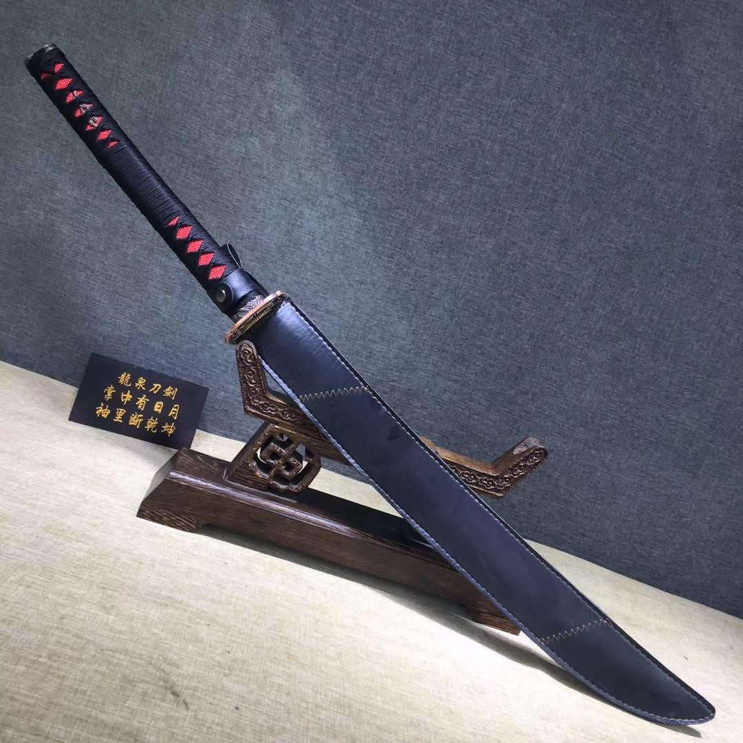 Samurai sword,Folding steel blue blade,Leather scabbard,Alloy Tosogu - Chinese sword shop