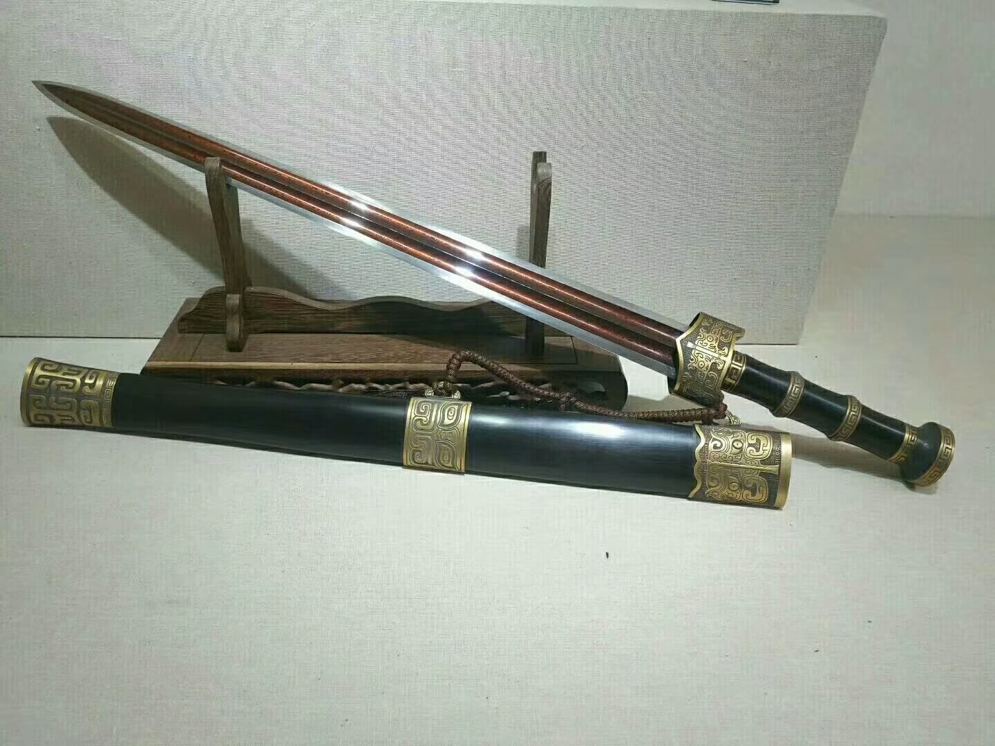 TaiA jian,Damascus steel red blade,Ebony scabbard,Brass fittings - Chinese sword shop