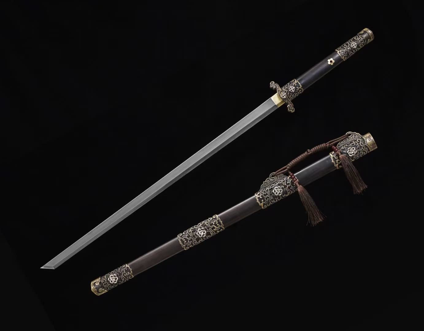 LOONGSWORD,Tang dao Swords Real,Forged Wootz steel blade,Brass Fittings,Ebony Scabbard
