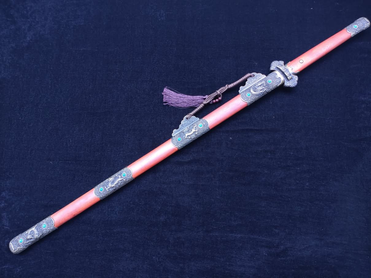 Tang jian sword Forged High Carbon Steel blue Blade Redwood scabbard