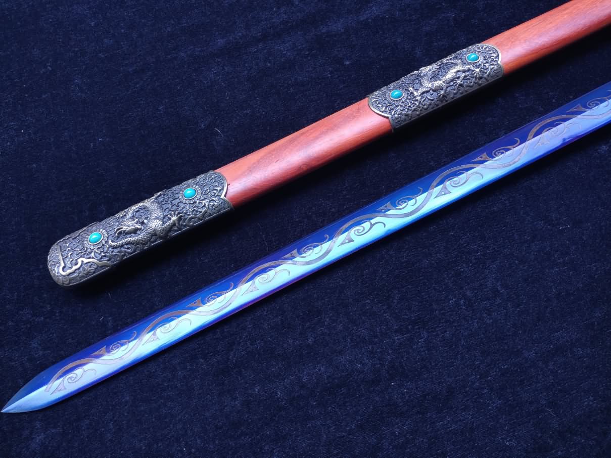 Tang jian sword Forged High Carbon Steel blue Blade Redwood scabbard