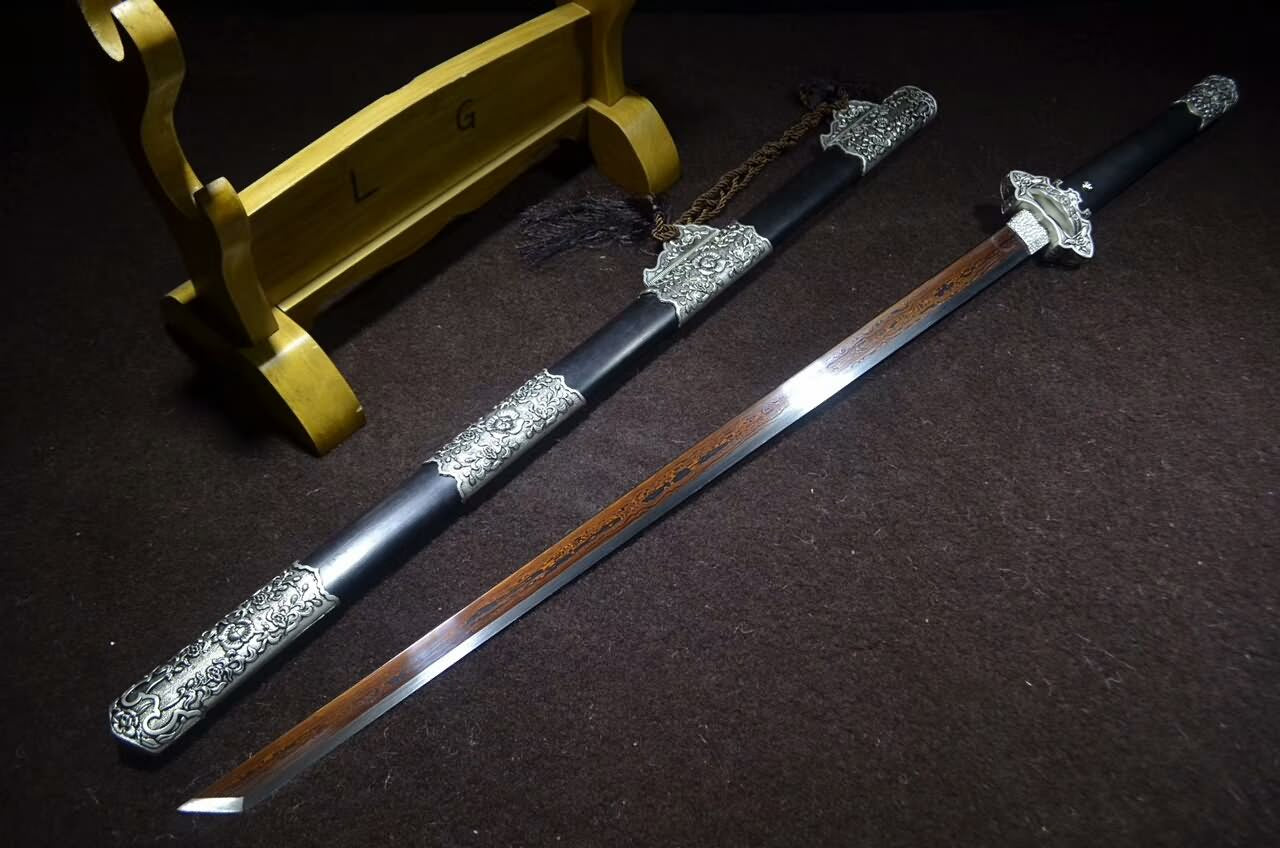 Tang dao(Damascus steel red blade,Black wood,Alloy)Full tang - Chinese sword shop
