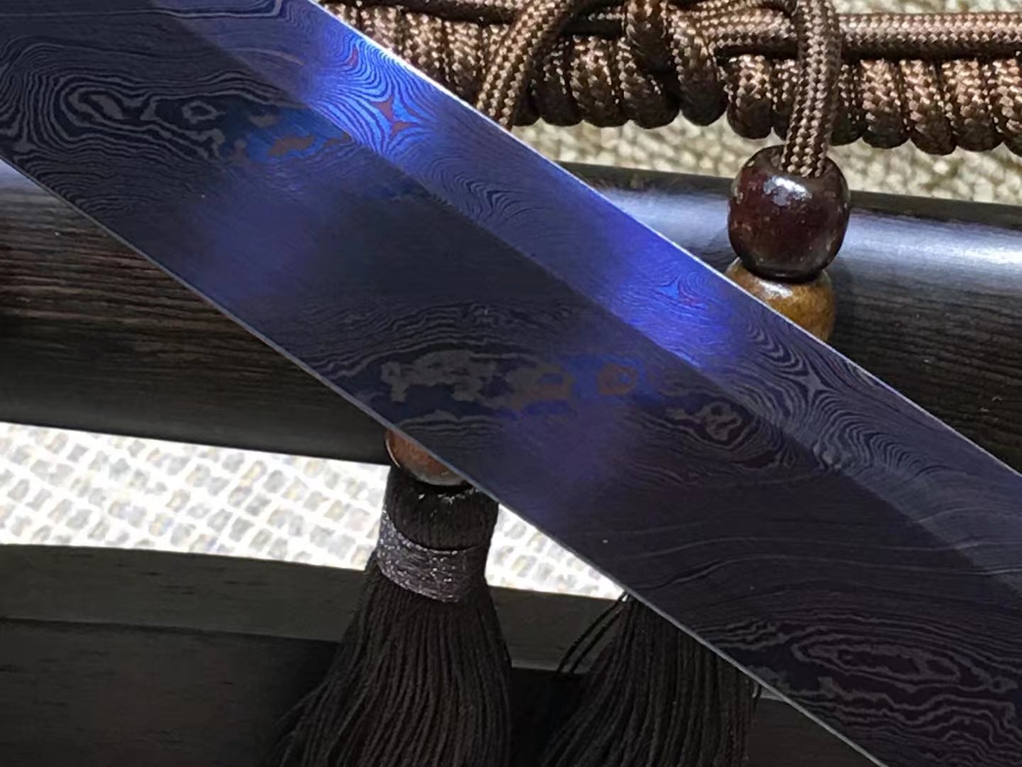 Tang dao,Damascus steel blue blade,Ebony scabbard,Brass fittings - Chinese sword shop