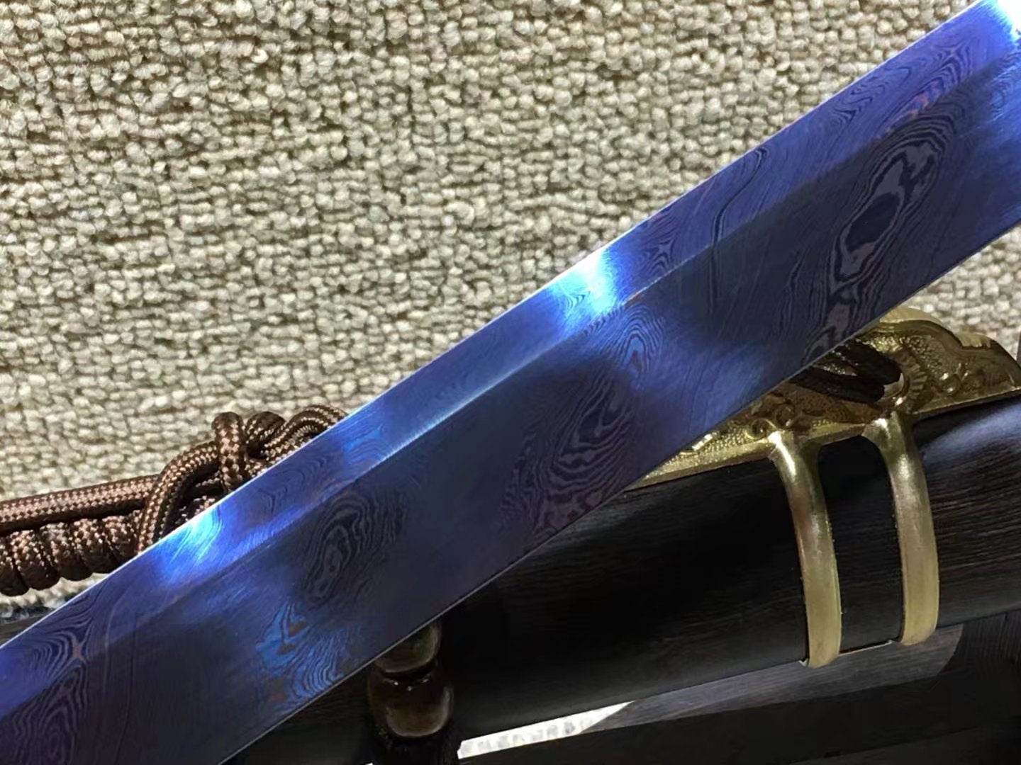 Tang dao,Damascus steel blue blade,Ebony scabbard,Brass fittings - Chinese sword shop