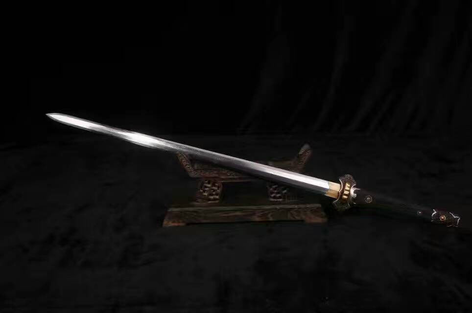 Gold plated Tang dao(Pattern steel blade,Black pearl skinscabbard,Brass fitted)Full tang,Length 43" - Chinese sword shop