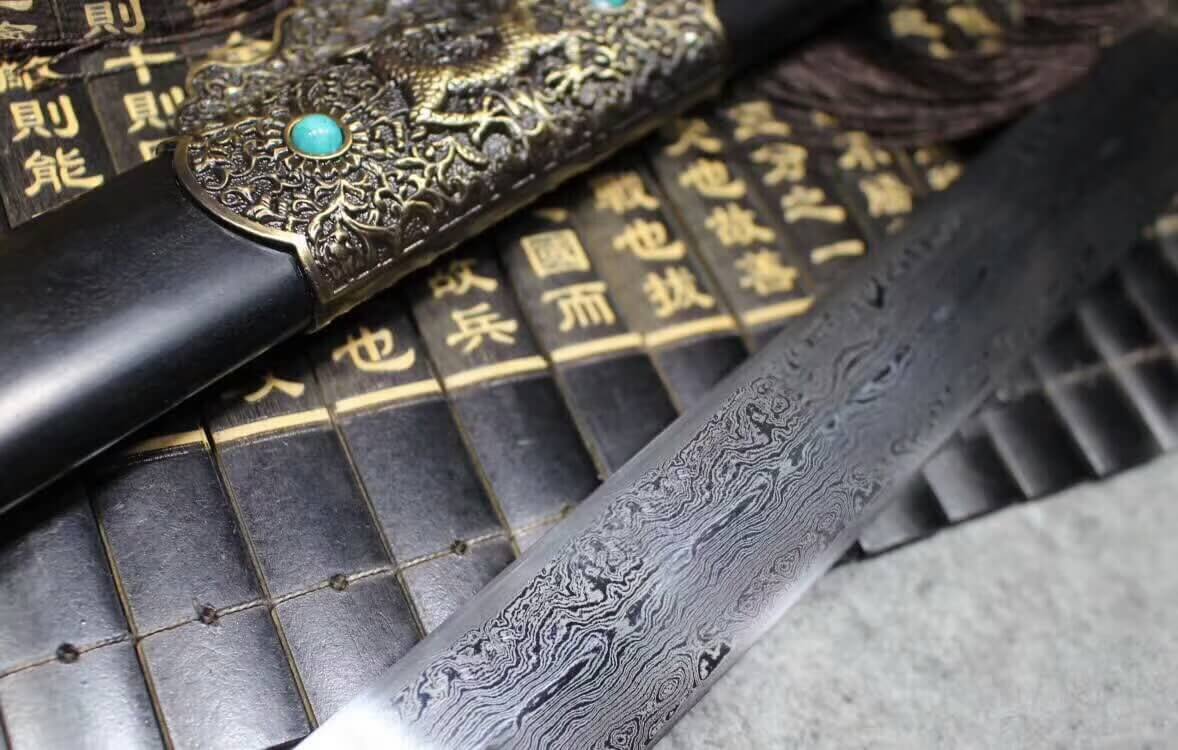 Tang sword(Damascus steel blade,Alloy fittings,Black scabbard)Length 40" - Chinese sword shop