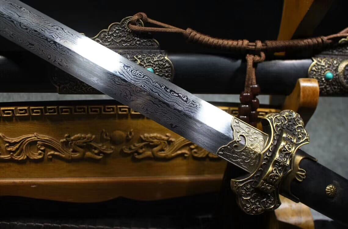 Tang sword(Damascus steel blade,Alloy fittings,Black scabbard)Length 40" - Chinese sword shop
