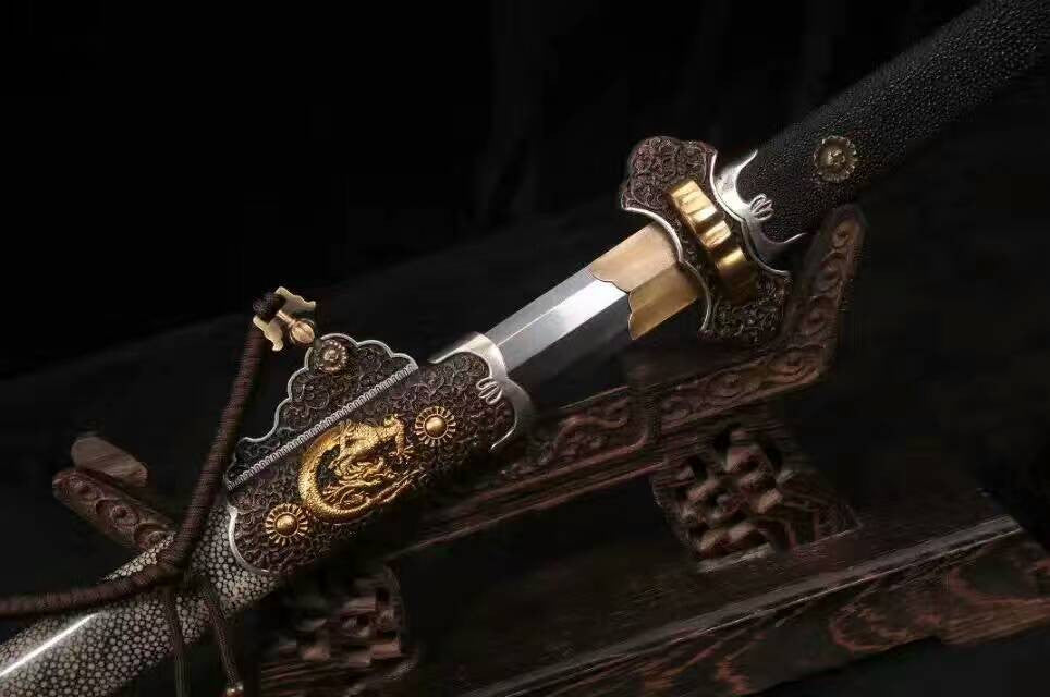 Gold plated Tang dao(Pattern steel blade,Black pearl skinscabbard,Brass fitted)Full tang,Length 43" - Chinese sword shop