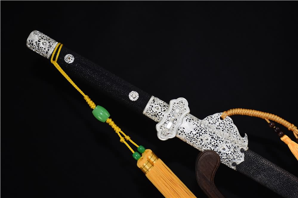 Tang jian sword(Damascus steel burn blade,Skin scabbard,Brass fittings)Full tang - Chinese sword shop