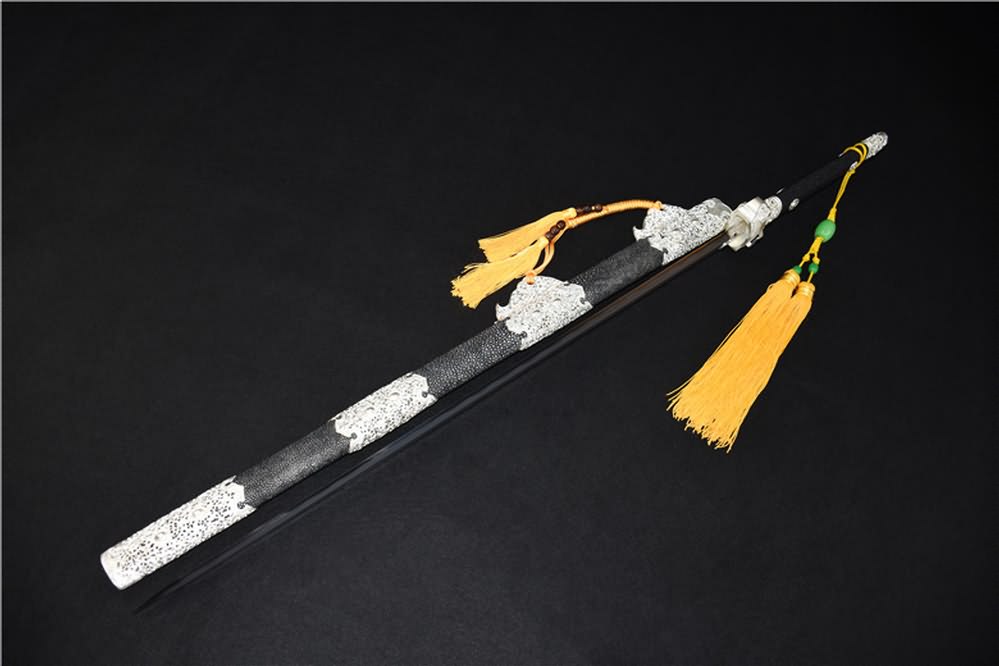Tang jian sword(Damascus steel burn blade,Skin scabbard,Brass fittings)Full tang - Chinese sword shop