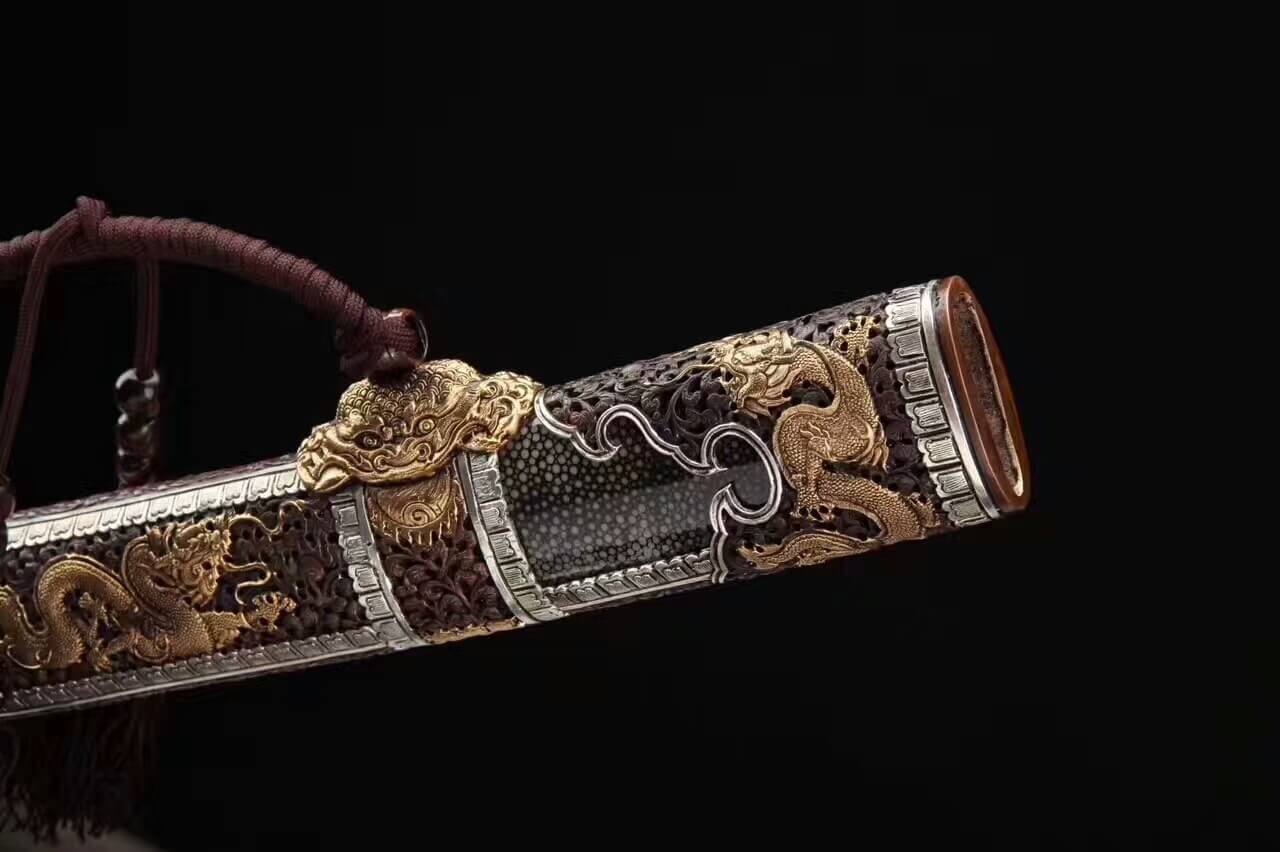 Loong broadsword,Damascus steel blade,Black skin scabbard,Brass fittings - Chinese sword shop